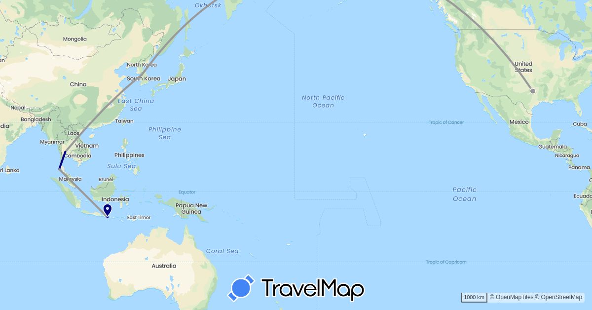 TravelMap itinerary: driving, plane in Indonesia, South Korea, Thailand, United States (Asia, North America)